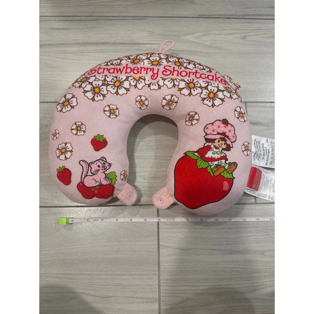 Strawberry Shortcake Pink Travel Neck Pillow Custard Cat Floral Snap Closure NWT